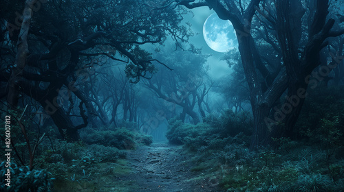 A mysterious and captivating path in the forest illuminated by the moonlight, surrounded by mysterious and dark trees, creates a magical and slightly scary atmosphere in nature.