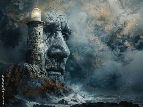 The lighthouse is built on a rock in the sea. The rock is shaped like a giant's head.