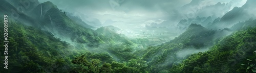 The green hills are shrouded in mist, creating a beautiful and mysterious landscape.
