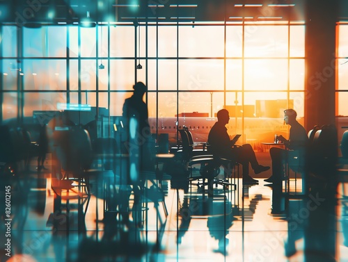 Silhouetted travelers in an airport terminal at sunset, waiting for their flights with colorful reflections and warm sunlight.