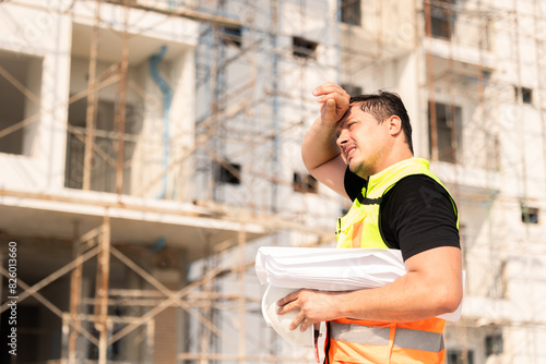 Tired Sweating Construction Worker On Building Site Under Sunlight