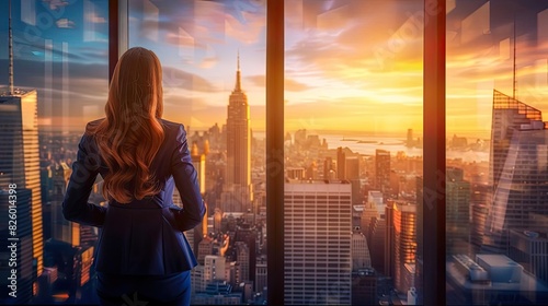 A businesswoman gazes at a breathtaking cityscape during sunset from a modern high-rise office building, contemplating the bustling urban life.