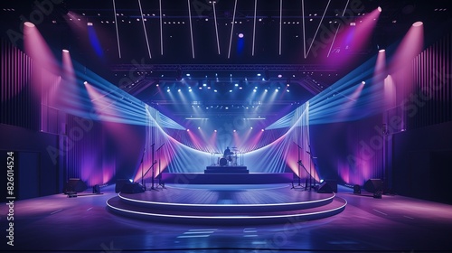 Innovative stage setup for a live concert broadcast, incorporating multi-dimensional visual effects, synchronized lighting, and high-fidelity sound equipment for an exceptional online experience.