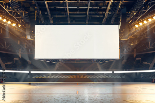 Realistic 3D render of a sports arena with a large blank billboard for sponsor ads, enhanced by a light border.