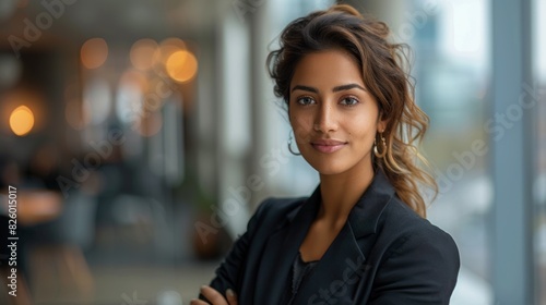 successful businesswoman, confident female indian director in a sleek suit stands in a modern office with large windows, urban skyline visible, minimalist portrait with copy space available