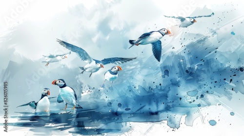 The image shows a group of birds flying over the ocean. The birds are mostly blue and white, and the ocean is a deep blue. The image is very peaceful and serene.