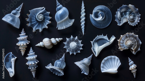 Assorted seashells displayed on a black background showcasing intricate patterns