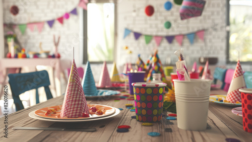 A vibrant children's birthday party table set with colorful decorations and party hats.
