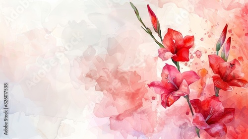 The watercolor painting shows red gladiolus flowers