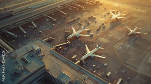 Aerial view of a bustling airport tarmac at sunset with planes and ground vehicles.