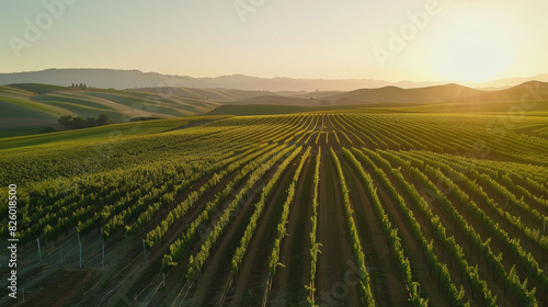 Sun kisses the horizon over a lush vineyard, rows undulating with the rolling hills.