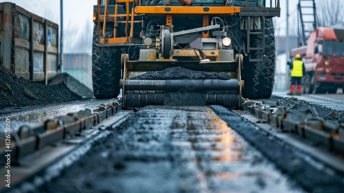 The asphalt pavers wide conveyor belt steadily feeds the hot mixture onto the road creating a seamless surface.