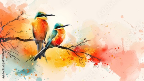 Two watercolor birds sitting on a branch.