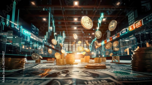 Digital currency concept showcasing piles of coins and dollar bills, highlighting blockchain technology in a futuristic financial market setting.