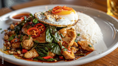 A classic plate of Pad Kra Pao, stir-fried Thai basil chicken served over steamed jasmine rice, with a fried egg on top and chili sauce on the side.