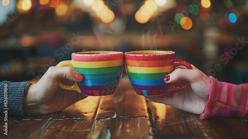 Close-up of LGBTQ couple hands holding coffee cups, with a warm, intimate atmosphere. Colorful symbolizing love, harmony, and diversity of LGBTQ couple