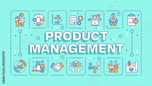 Product management turquoise word concept. Product planning, development and launch. Typography banner. Vector illustration with title text, editable icons color. Hubot Sans font used