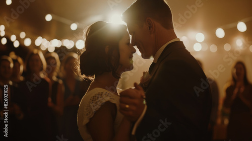 Romantic couple sharing a dance at their wedding, surrounded by guests.