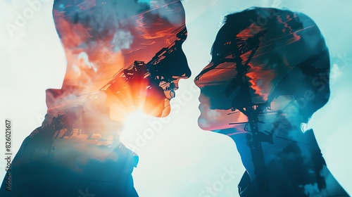 Cyborg detective interrogating suspect close up, focus on, copy space dynamic colors, Double exposure silhouette with futuristic background