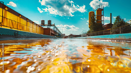 An industrial plant surrounded by a yellow pond, with clear blue skies above. The plant seems to be engaged in water treatment activities, possibly cleaning drains