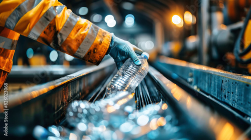 A worker at a waste recycling plant meticulously sorts plastic bottles on a conveyor belt with expert hands