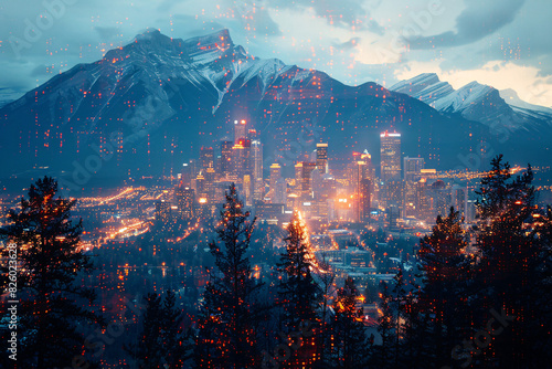 Double exposure of a mountain scene fused with the dynamic lights of a nighttime city, capturing the essence of adventure and modernity.