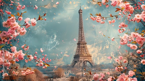 Eiffel Tower framed by cherry blossoms, springtime, digital painting, soft pastels