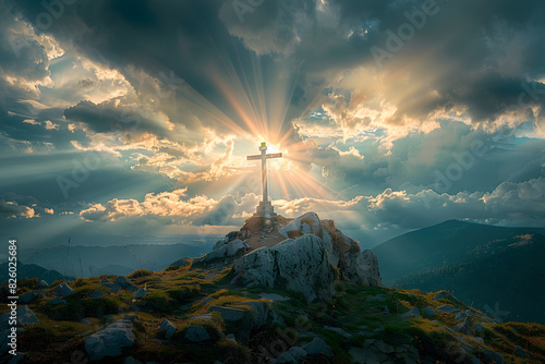 Crucifix at the top of a Mountain with Sunlight Breaking through the Clouds. Inspirational Christian Image.