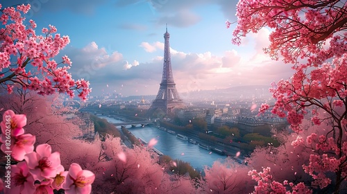 Eiffel Tower framed by cherry blossoms, springtime, digital painting, soft pastels