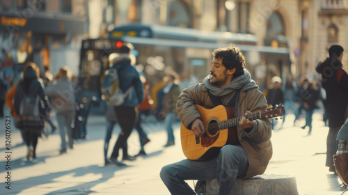 A street musician serenades passersby with his guitar in a bustling city scene.