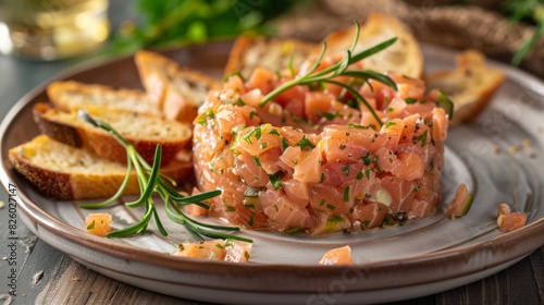 A gourmet platter of salmon tartare, finely chopped and seasoned with herbs, served with crispy crostini for scooping up the flavorful fish.