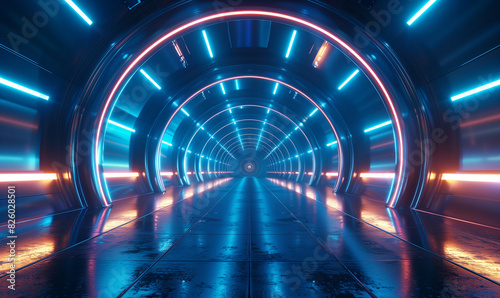 arafed tunnel with neon lights and a dark floor