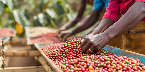 Farmers sort Arabica coffee beans in African cooperative in highlands