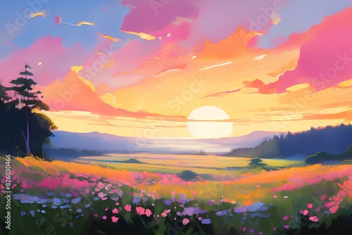 Sunset caressing the landscape of a sprawling meadow speckled with vibrant flowers and a silhouette.