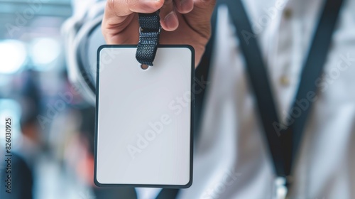 Handheld white ID holder with black lanyard