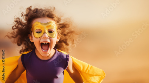araffe girl in a purple and yellow costume with a yellow cape