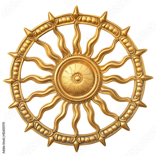 Golden Slavic Sun Wheel Kolovrat isolated on transparent background. Slavic mythology and spiritual concept. Design for posters, stickers, t-shirts.