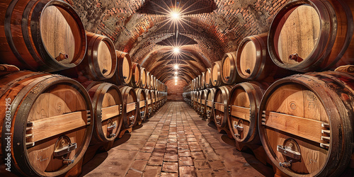 Aged oak barrels in vintage wine cellar produce fortified drysweet Marsala