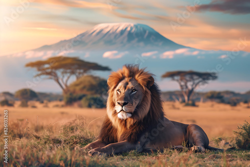 royal beautiful male lion sitting on grassland in the savannah