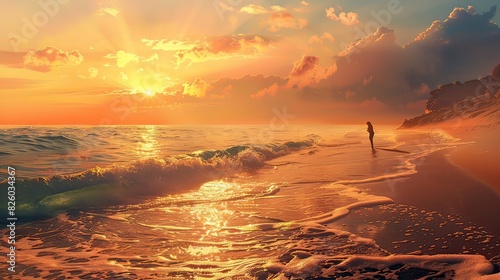 A serene beach scene with a person sipping coffee at sunrise, with waves gently lapping the shore, realistic, warm hues, high resolution.
