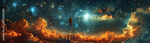 Celestial dreamscape, person on ladder approaching a bright star amidst a surreal cosmic background