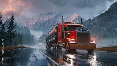 Majestic big rig truck on stormy mountain road