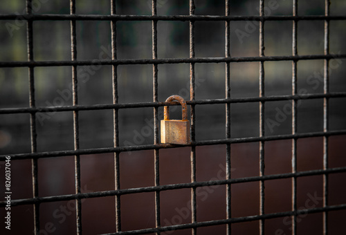 Rusty and aged padlock on a meshed grill from an industrial site representing a romance relationship symbolizing forever love together