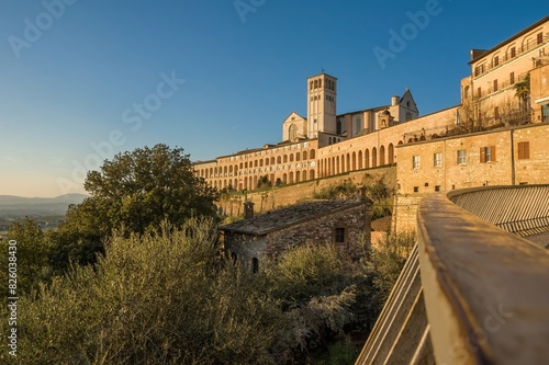 Panoramic view of the Saint Francis Basilica in Assisi, in the Province of Perugia, in the Umbria region of Italy.