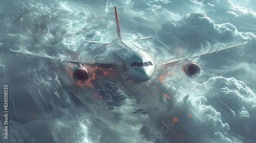 Airplane navigating turbulence, air flows depicted, wings flexing, dark stormy clouds, realistic illustration, high detail,