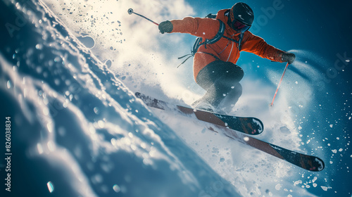 skier in orange jacket skiing down a steep slope with blue sky in background