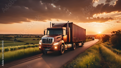 Cargo truck driving through landscape at sunset, Generative AI
