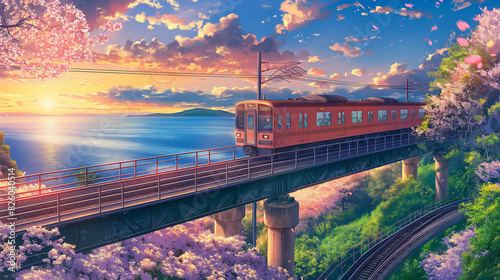 anime scenery of a train on a bridge over a river