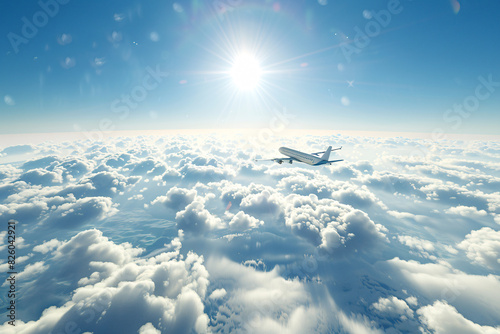 Airplane flying above clouds with sun flare
