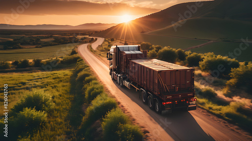 Cargo truck driving through landscape at sunset, Generative AI